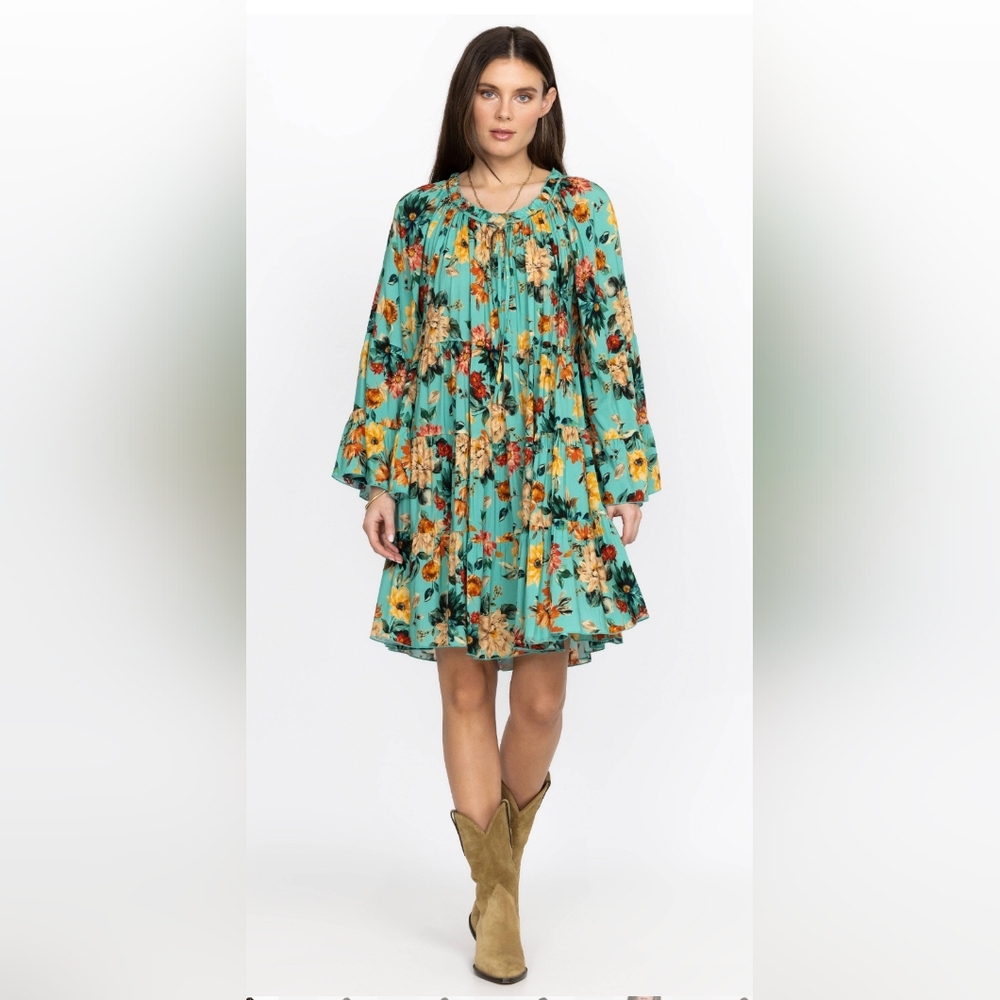 Johnny Was Tulum Boho Chic Floral Tiered Mini Dress Size Large